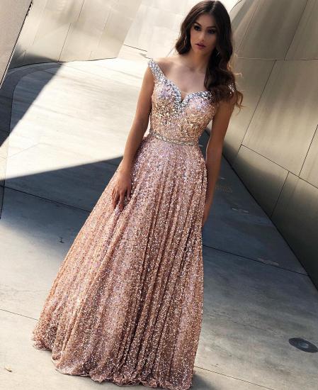 Rose Gold Sequins Evening Dresses |Off The Shoulder Sexy Bling-bling Prom Dress_2
