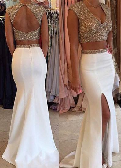 Glamorous Two Pieces Prom Dresses Beadings Cap Sleeve Long Party Gowns_3