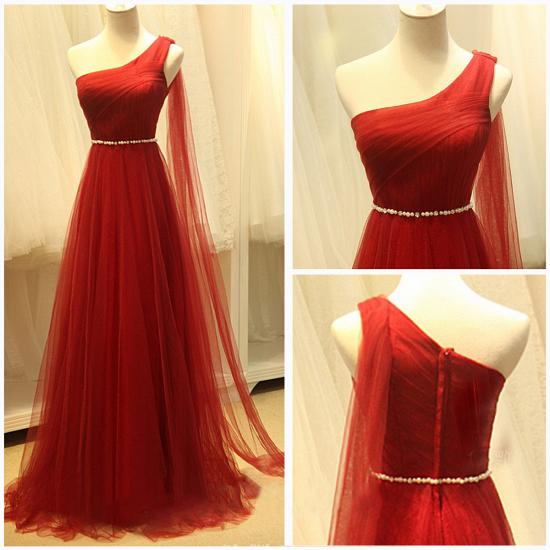Elegant One Shoulder Evening Dresses Sheer Tulle Ruffles Dark Red Elegant Prom Dresses_2