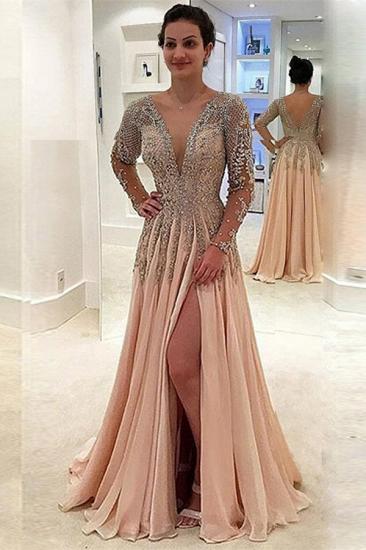 Glamorous V-Neck Long Sleeves Prom Dresses | A-line Crystal Side Slit Evening Gowns_1