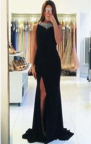 Perlenbesetztes schwarzes sexy Etui-Abendkleid Günstiges 2022 ärmelloses beliebtes rückenfreies Abendkleid mit Seitenschlitz_1