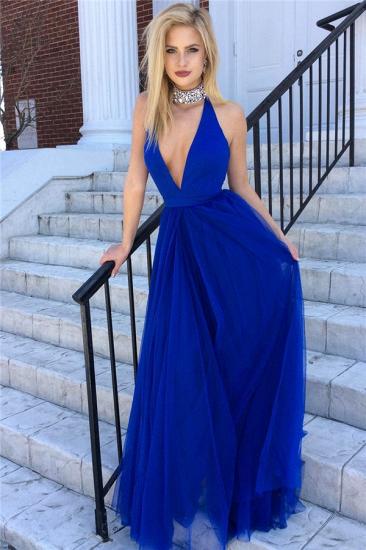 Crystals Beads Choker Evening Dresses 2022 Deep V-neck Royal Blue Tulle Formal Dress