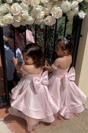 Cute Off the Shoulder Pink Long Flower Girl Dresses | Tiered Little Girls Dress with Big Bowknot Design at the Back_1