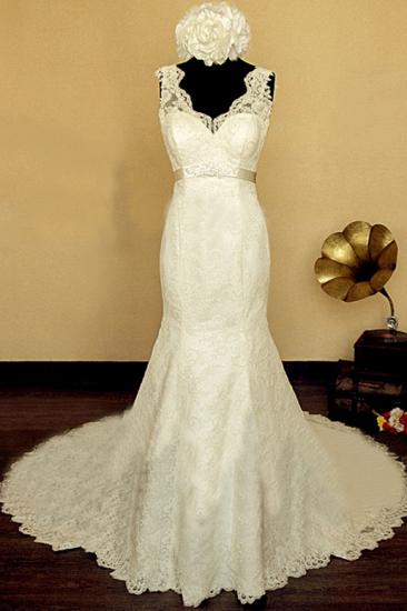 2022 Elegant V-neck Lace Wedding Dress Mermaid Long Train Bridal Gowns with Beading Sash