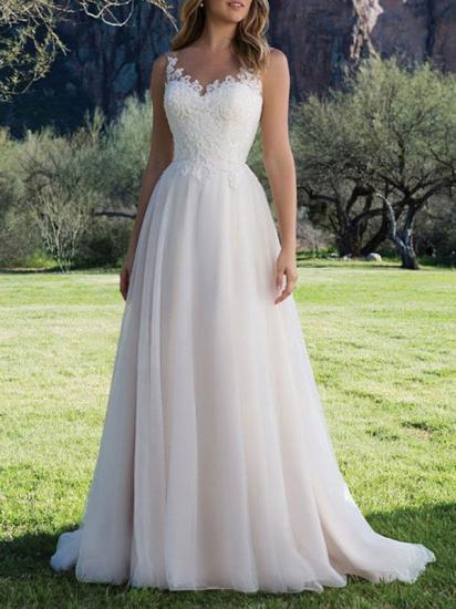 Simple V Neck Tulle Ivory Sleeveless Lace A-Line Wedding Dresses_1