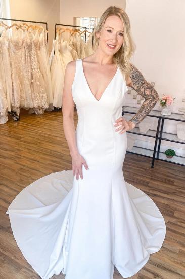 White Wide Straps Floor-length Ruffles V-neck Backless Mermaid Wedding Dress_1