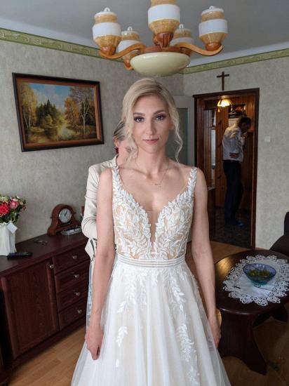 Elegant Sleeveless Aline Wedding Floral Lace Tulle Bridal Dress_4