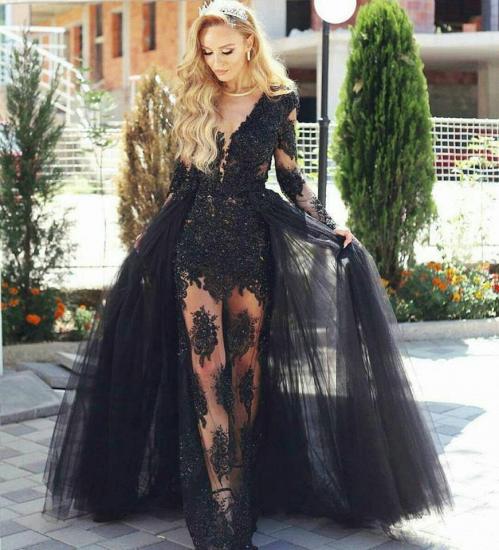 Glamouröse schwarze Tüll-Spitze-Abschlussballkleider 2022 Abendkleider mit langen Ärmeln und abnehmbarem Rock_3