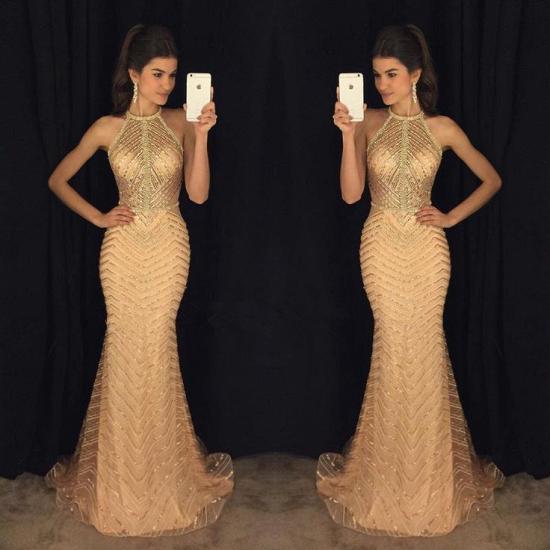Halter Champagne Gold Sexy Prom Dresses 2022 Sleeveless Mermaid Illusion Long Evening Gown_3