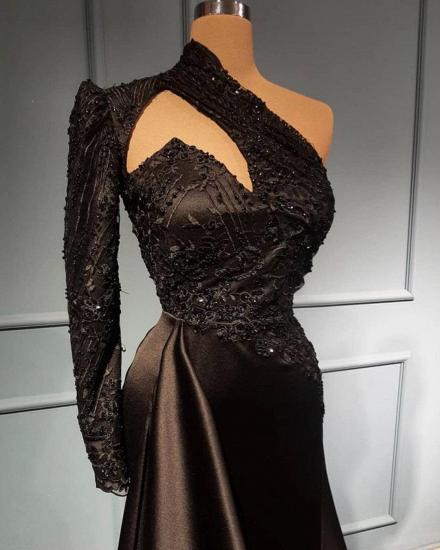 Elegantes schwarzes langes Abendkleid mit einer Schulter | Ärmel Ballkleid_2