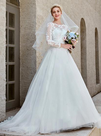 Beautiful Ball Gown Wedding Dress Bateau Lace Tulle Long Sleeves Bridal Gowns with Chapel Train_1