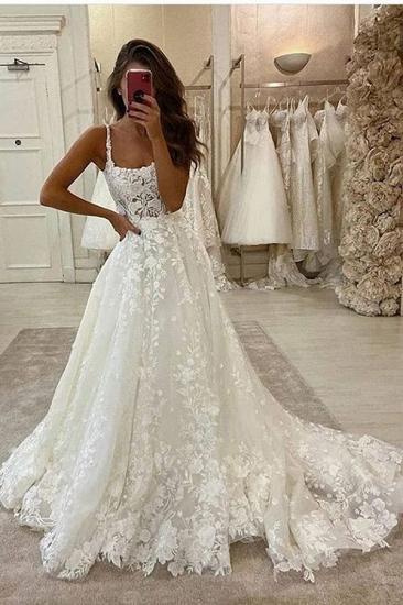 Elegant A-Line Straps Tulle Wedding Dress Lace Sleeveless Bridal Gowns with Train_1