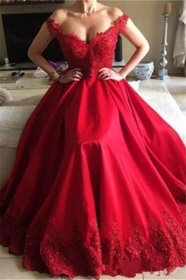 Red Off The Shoulder A-Line Prom Dress  | Open Back Lace Appliques Sexy Evening Gowns_1