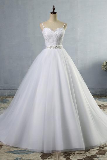 TsClothzone Elegant Spaghetti Straps Sweetheart Wedding Dress White Tulle Appliques Bridal Gowns with Beadings Sash