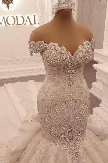 Luxurious Off-the-Shoulder Cap Sleeve Mermaid Beaded Wedding Dress | Sparkle Diamond wedding dresses_5