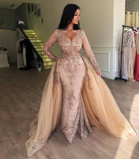 Elegant V-Neck Long Sleeves Tulle Evening Dresses | Sexy Mermaid Appliques Prom Dresses with Detachable Skirt_3