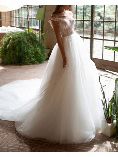 Plus Size A-Line Wedding Dress Off Shoulder Tulle Short Sleeve Bridal Gowns with Court Train_3
