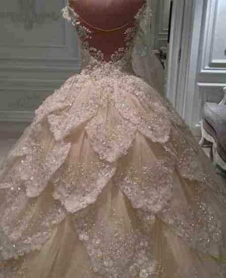 Luxurious Off the Shoulder Beading Wedding Dress Crystal Tiered Chapel Train Bridal Gowns_4