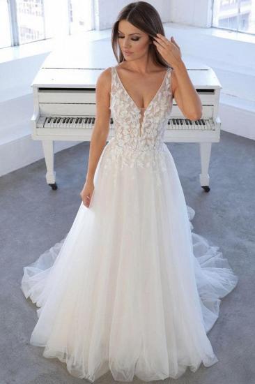 Simple V Neck Sleeveless A Line Tulle Wedding Dresses Bridal Gowns_1