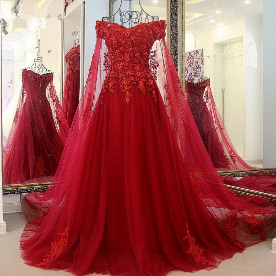 Stunning Red Off-the-shoulder A Line V Neck Floor-length Lace-up Beading Prom Dress_7