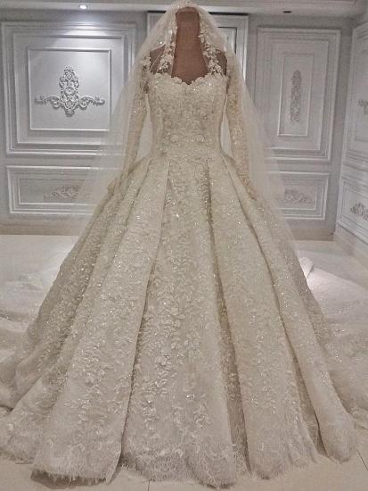 Expensive Lace 3-D Flowers Long sleeves Ball Gown Wedding Dress