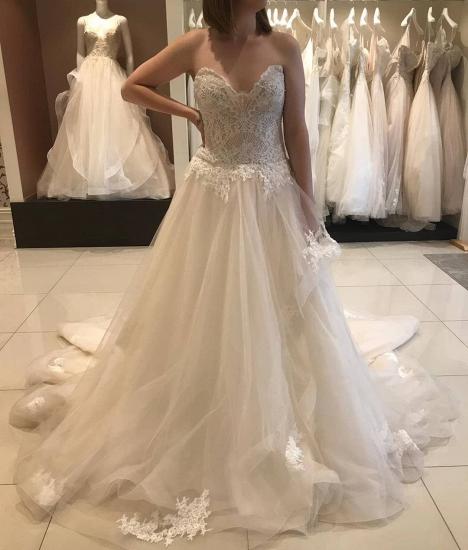 Casual Chapel Train Sweetheart Princess Lace Wedding Dress with Romantic Tulle Skirt_4