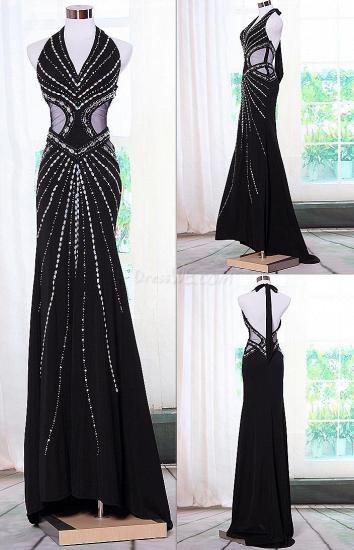 Black Crystal Sexy 2022 Long Party Dress Halter Open Back Dress With Beadings_1