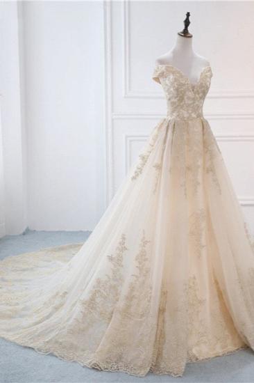 TsClothzone Wunderschönes ärmelloses Tüll-Hochzeitskleid mit V-Ausschnitt, Champagner-Applikationen, Brautkleider online_4
