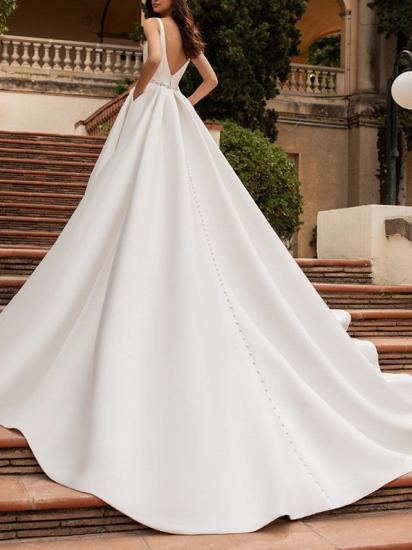 Sparkle & Shine A-Line Wedding Dress V-neck Satin Spaghetti Strap Simple Bridal Gowns Backless with Court Train_2