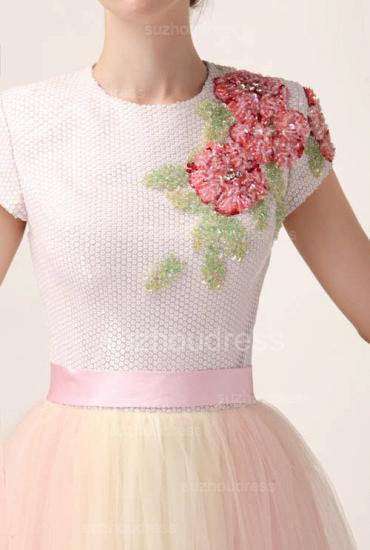 Short Sleeve Sequins Prom Dress Colorful Tulle Long Cheap Evening Dress with Flowers_3