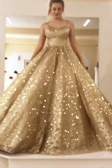 Sleeveless Straps Gold Sequin Ball Gown Long Sparkle Prom Dress
