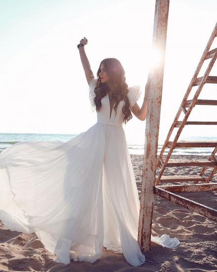 Weiße Chiffon Rüschen Ärmel V-Ausschnitt Summer Beach Brautkleid
