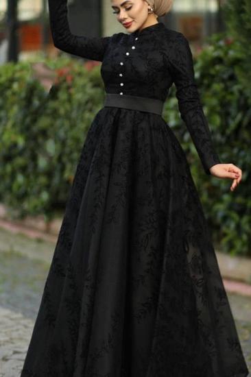 Long Sleeves Black Lace Evening Swing Dress A-line High Neck_1
