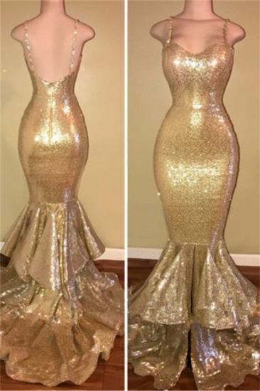 Spaghetti Straps Mermaid Sequins Prom Dress Champagne Gold Tiered Ruffles Sexy 2022 Evening Gown_2