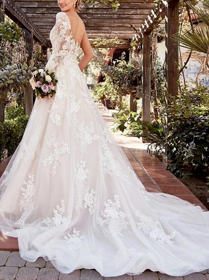 Affordable A-Line Wedding Dress One Shoulder Lace Tulle Long Sleeve Bridal Gowns with Court Train_3