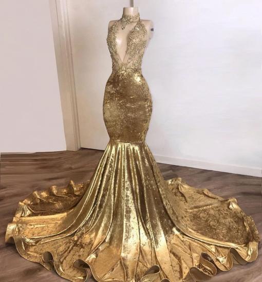 Shinning Champagne Gold Deep V-Ausschnitt Court Train Mermaid Prom Kleider_2