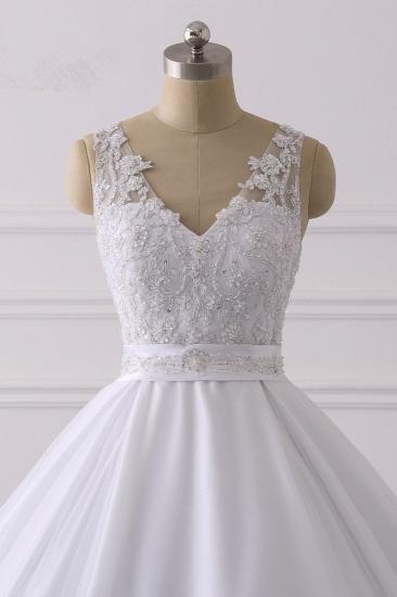 TsClothzone Gorgeous V-Neck Satin Tulle Lace Wedding Dress White Appliques Sleeveless Bridal Gowns On Sale_5