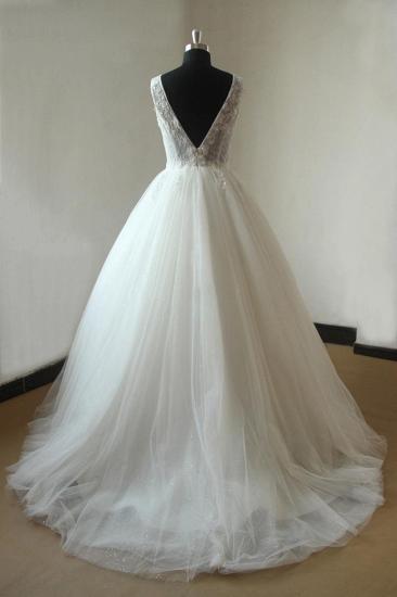 Wunderschönes ärmelloses Brautkleid mit V-Ausschnitt und Applikationen | Weiße Ballkleid Tüll Brautkleider_3