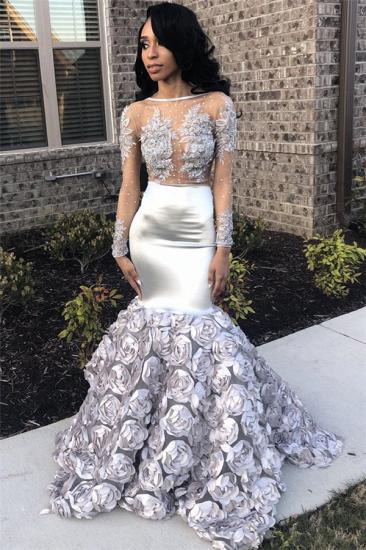 Silver Flowers Sexy See Through Prom Dresses | Long Sleeve Beads Lace Mermaid Graduation Dress