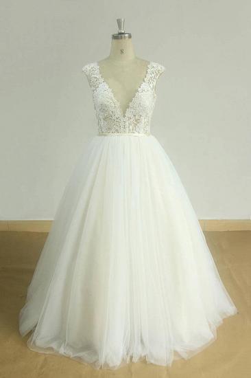 Chic V-neck Straps Tulle Wedding Dress | A-line Appliques Sleeveless Bridal Gowns_2