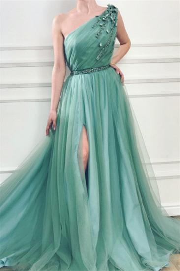 A-Line Elegant Appliques One-Shoulder Side-Slit Sleeveless Tulle Prom Dresses