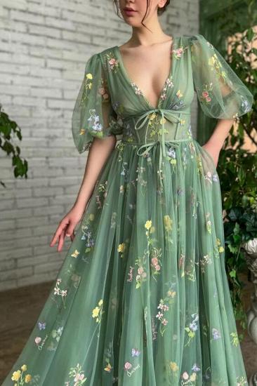 Grünes Abendkleid mit langem V-Ausschnitt | Ballkleider mit Ärmeln_3