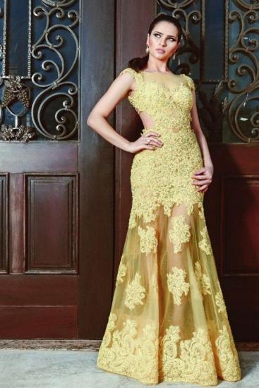 Sleeveless Yellow Lace Appliques Mermaid Evening Maxi Dress