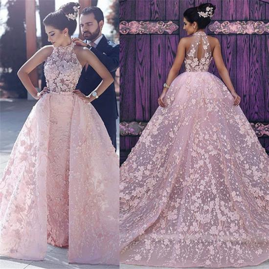 High Neck Unique Flowers Lace Evening Dress Gorgeous Pink Overskirt Prom Dress 2022_4