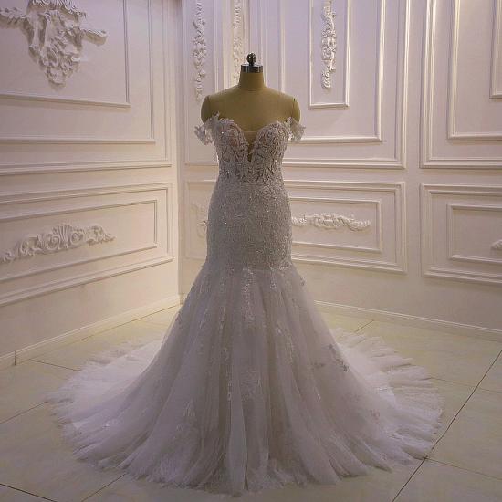 Gorgeous White 3D Lace applique Off-the-Shoulder Mermaid Bridal Gowns_7