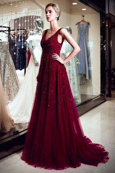 MELANIE | A-line Long V-neck Sleeveless Burgundy Sequins Tulle Evening Dresses_4