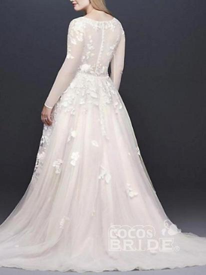 Long sleeves V-neck White A-line Lace appliques Belt Wedding Dress_2