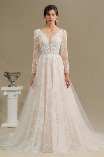 Elegant Lace Deep V-neck Wedding Dress Long Sleeve Floor Length Bridal Gowns_3