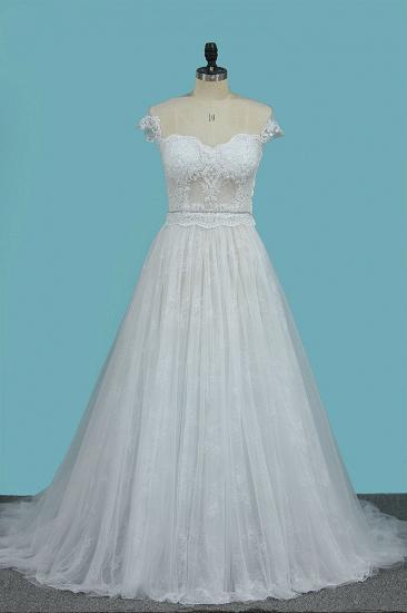 TsClothzone Chic Jewel Sleeveless Tulle Wedding Dress Lace Appliques Ruffles Bridal Gowns On Sale