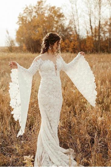 Long wide sleeves v-neck lace column wedding dress